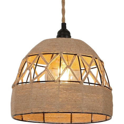 GOECO Lampadario Sospensione Corda di Canapa, Lampadario Vintage Industriale, Illuminazione a Soffitto in Metallo, Lampada da Soffitto Retrò per Salotto Cucina Camera Café-bar (25CM) E27