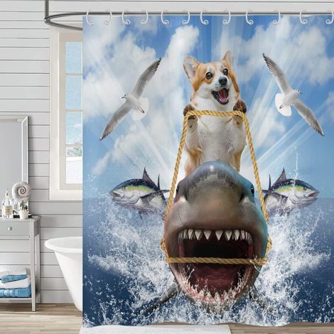 Lustiger Duschvorhang (180 x 180 cm) mit coolem Hund, Reiter, Hai, Meereswellen, Möwe, Fischen, blau, niedlich, Kinderduschvorhang
