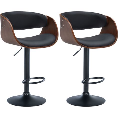 Set di 2 sgabelli da bar girevoli stile retrò moderno seduta in legno curvato color noce e PVC nero struttura in metallo nero 100006233