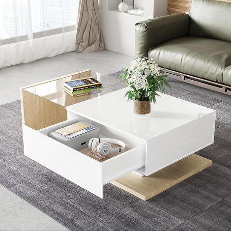 Table basse brillante, Table basse rectangulaire - table basse avec verre et éclairage LED, 1 tiroir, table d'appoint pour salon, style contemporain - naturelle + blanc (1/5)