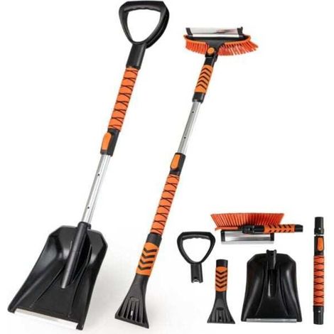 Pelle à neige télescopique 4 en 1, 3 tailles réglables, kit de déneigement pour voiture - Orange (1/5)