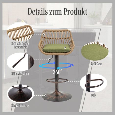 Lot 2 tabourets de bar vert rotin, pivotants 360°, hauteur réglable, design moderne pour cuisine, salle à manger ou bar.