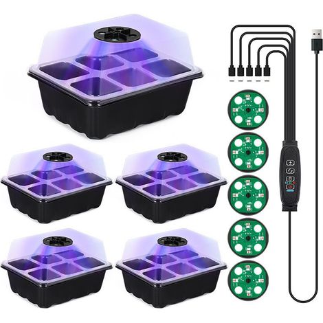 Online Store Lot de 5 boîtes de semis respirantes en plastique à 6 trous avec lumière pour la culture de légumes à domicile et l'entretien des semis (Noir) (1/3)