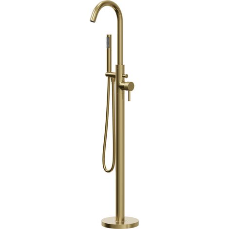 Colore Round Brushed Brass Freestanding Bath Shower Mixer with Fully Knurled Tap Heads (1/5)