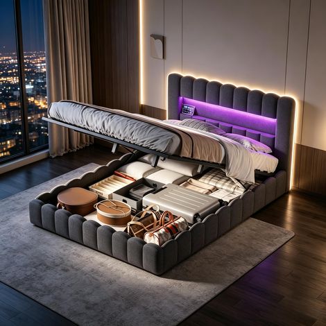 FOERPL-Gepolstertes Bett 160x200cm mit LED et USB/Type-C, Doppelbett 160x200 mit hydraulischem Bettkasten, Polsterbett 160x200 mit Bettkasten und Lattenrost Gepolsterter Bettrahmen