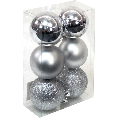 Pack 6 bolas Navidad Ø8cm (2 brillo, 2 mates y 2 purpurina) fabricadas en plástico color plata y dorado