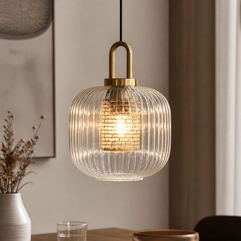 Suspension en verre soufflé à rayures, design moderne avec poignée métallique, douille E27, câble réglable 150 cm, diamètre 20 cm (1/4)
