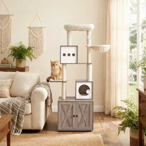 Arbre à Chat Moderne de 178 cm avec Enceinte pour Litière, Grège (1/5)