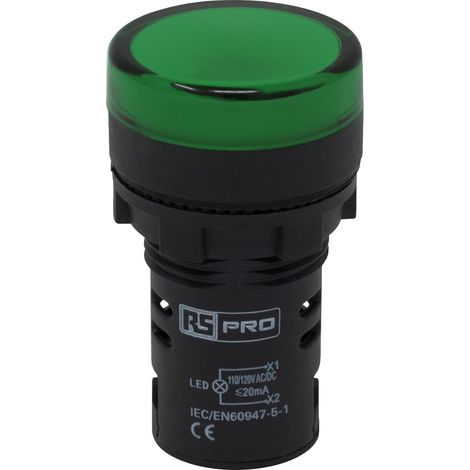 Voyant lumineux LED RS PRO Vert 110V c.a., Ø découpe 22mm, IP65 ( Prix pour 1 ) (1/4)