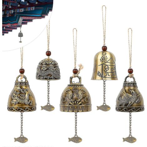 Lot de 5 carillons à vent Feng Shui en métal représentant un phénix, compatibles avec la décoration de la maison et du jardin. (1/4)