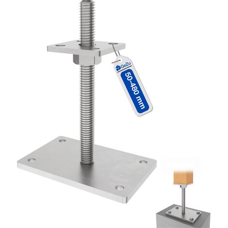 Pied de poteau carré réglable en flocon de zinc 100 x 100 mm – hauteur ajustable 50 à 480 mm avec platine bois pour clôtures – GeZu Impex