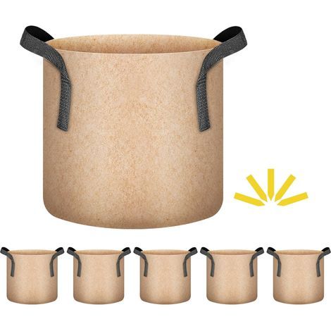Lot de 5 sacs de culture marron clair de 7,5 litres avec poignée renforcée, pots de fleurs robustes et aérés pour tomates, fruits, légumes et fleurs (1/5)