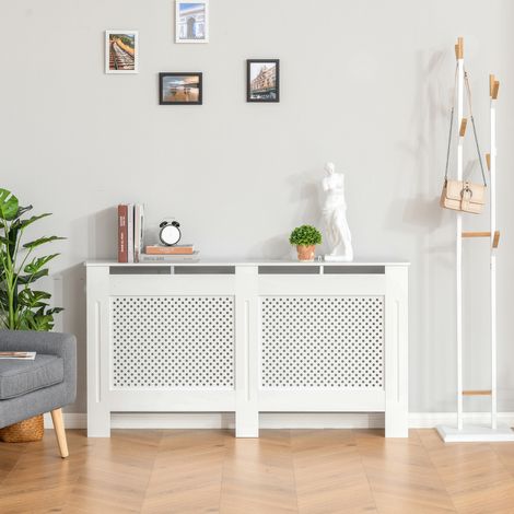 Cache-radiateur en bois MDF, cache pour radiateur moderne avec étagère supérieure et antiroulis pour maison et bureau, 151,5x82x19 cm, blanc (1/5)