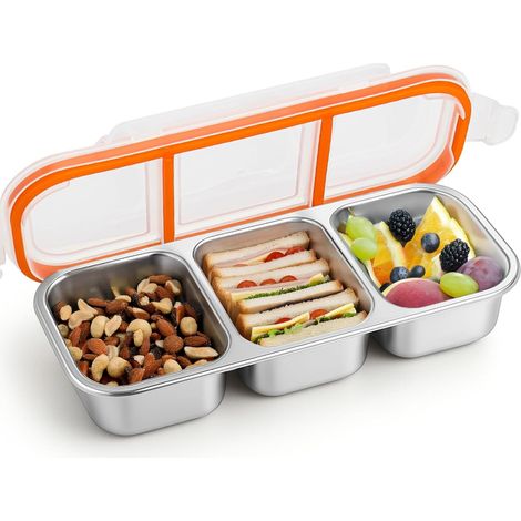 Snackbox mit 3 Fächern und auslaufsicherem Deckel, wiederverwendbar, Edelstahl, ideal zum Aufbewahren von Lebensmitteln, Mittagessen oder Snacks.