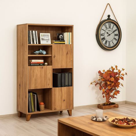 Yasmin Regal, Bücherschrank 5 Böden, 3 Türen, Wandmontage, 80x36x155h cm Eiche Braun (1/5)