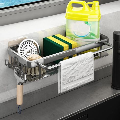 Organizador de fregadero, acero inoxidable, cesta de almacenamiento, bandeja de goteo extraíble, cocina (1/5)
