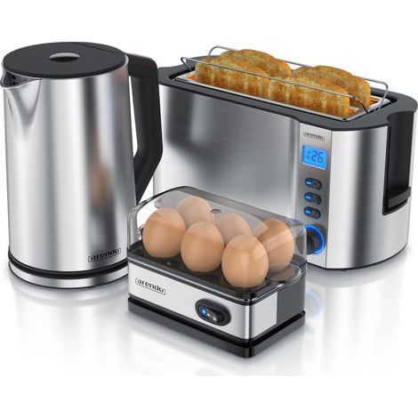 Arendo Frühstücksset 3-teilig, Wasserkocher 1,5 Liter, 4-Scheiben Langschlitz Toaster MANHA, 6er Eierkocher, Silber (1/5)