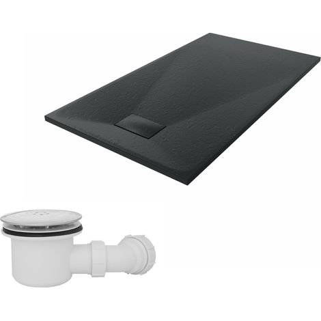 NRG 1400 x 800mm SMC Black Rectangle Slate Effect Bathroom Shower Tray & Fluidmaster Fast Flow Waste Trap (1/5)