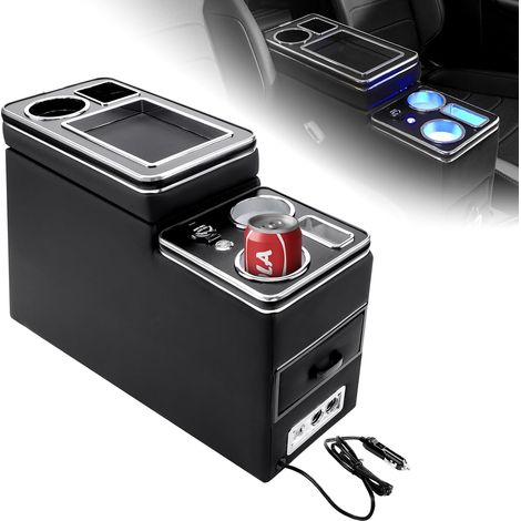 Upgraded Center Console with Storage Box, Black Leather Compatible with T4 T5 T6 T7 T6.1 2003-2019, with Drink Holder, Storages, USB and LED Lights, Easy Installation (1/5)