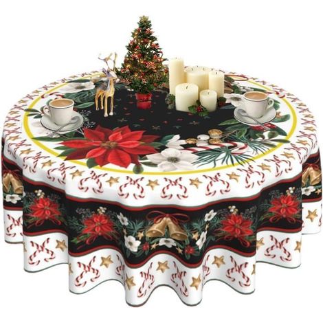 Runde Weihnachtstischdecke MICH – 150 cm – Rot – Waschbar aus Polyester – Fleckenabweisend und wasserdicht – Festliche Motive