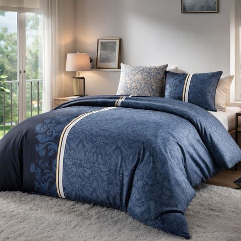 Parure housse de couette 240x220cm + 2 taies motif arabesques bleu 100% coton - FLORISE (1/4)