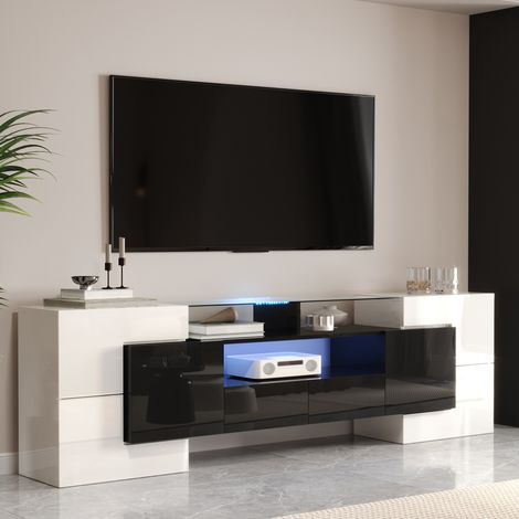 Mobile TV 200 cm bianco e nero con illuminazione LED e piano in vetro, moderno, per soggiorno (1/5)