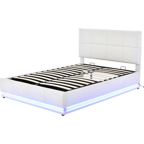 Cama con canapé 140x200 cm con LED, elevación hidráulica, polipiel blanca HOMVRA (1/5)