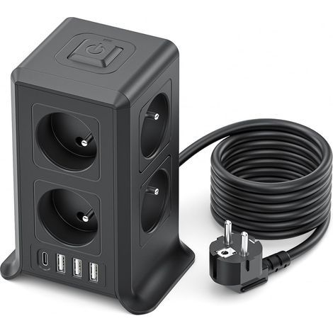 Multiprise avec Interrupteur Tour, 12 en 1 Prise Multiple avec 8 Prises Françaises et 4 USB, Multiprise 1 USB C et Rallonge Electrique 2M, Multi Prise Electrique Convients, Maison, 3680W, Noir (1/5)