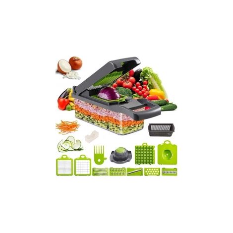Ortviai – Set de découpe 16 pièces – 8 lames inox interchangeables, bac 1,5 L, éplucheur, griffe et brosse – compatible tomates, oignons, carottes, fromage et œufs durs (1/5)