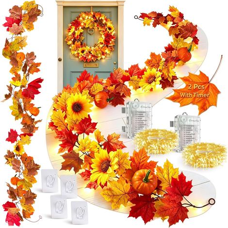 2 Pièces Deco Decoration Automne Interieur, Couronne Guirlande Feuille Automne Lumineuse, Guirlande Feuilles Artificielles, Fall Decoration, Guirlandes Citrouille Feuille, pour Table Porte Exterieur (1/5)