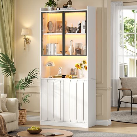Vitrina alta 80x35x200 cm en paneles de partículas y vidrio, blanca, LED, para salón – MEUBLIV (1/5)