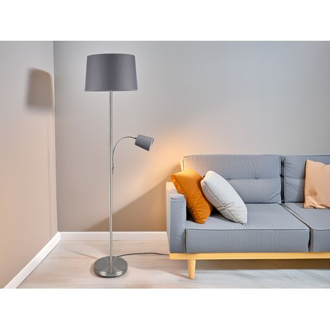 Große Stehlampe HENTA mit Leselampe und Stoffschirm Grau, Höhe 170cm