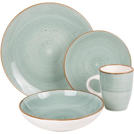 VAJILLA DE CERAMICA PINTADA A MANO VERDE AGUA ESMALTADO CON BORDE VINTAGE 16 PIEZAS (1/5)
