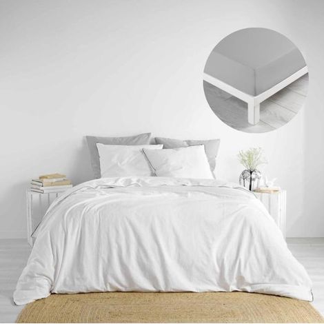 Pack parure 240 x 220 cm coton lavé 57 fils + DH 140x190 cm Linette Blanc/Gris (1/5)