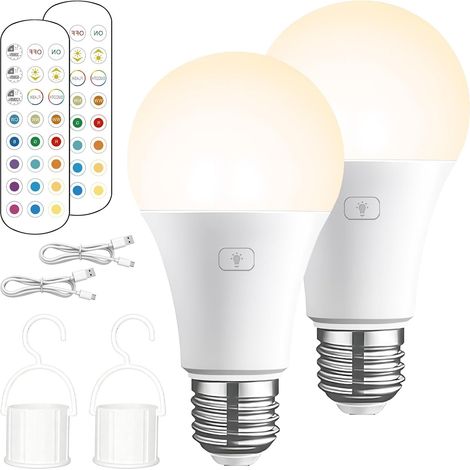 Lot de 2 ampoules LED E27 : ampoule rechargeable, intensité variable avec télécommande, fonction de minuterie, lampe avec télécommande pour le camping en plein air et l'éclairage intérieur (1/5)