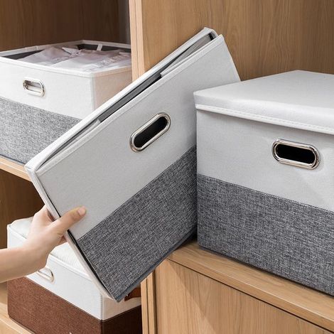 Set da 2 pezzi: scatola portaoggetti pieghevole con coperchio,ideale per organizzare armadi,soggiorno e camera da letto (grigio e bianco) (1/3)