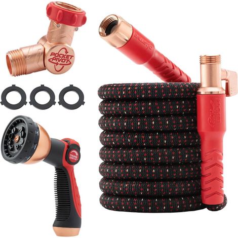 Pocket Hose Ballistic 15 m (50 Fuß) dehnbarer Gartenschlauch mit drehbarem Pocket Pivot-Anschluss, reißfester Schutzhülle mit kugelsicherer Faserverstärkung, leicht, knickfest, kompakt, UV-beständig, (1/5)