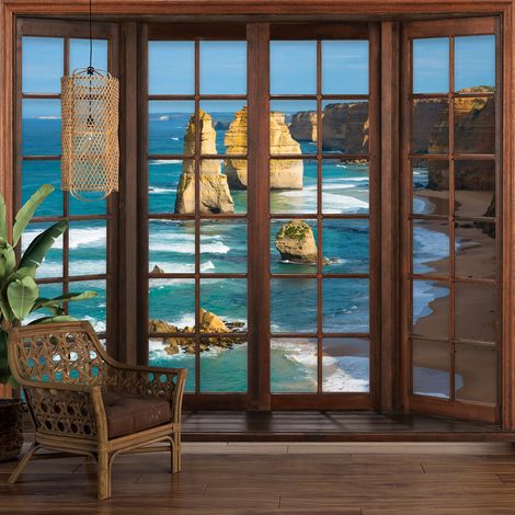 Papier peint panoramique Trompe l'oeil Fenêtre en bois - Falaises - 195 cm x 156 cm (1/5)