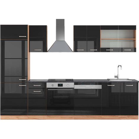 Cuisine R-Line, Noir brillant/Chêne doré, 300 cm , PT Anthracite, Vicco