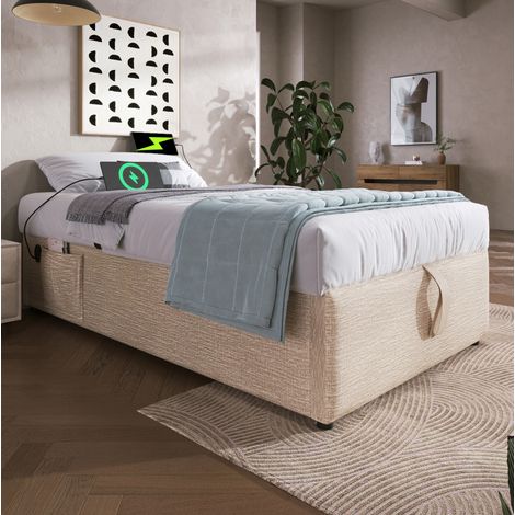 Bett mit Stauraum Leinen Natur/Beige 90x200 cm, mit USB/Type-C, hydraulischem Bettkasten und Vollholz-Bettboden (1/5)