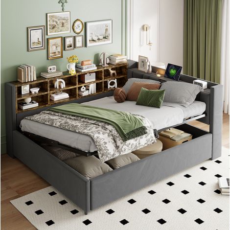 Cama tapizada 140x200 cm gris oscuro de terciopelo con almacenaje hidráulico, luz y puertos USB-C (1/5)