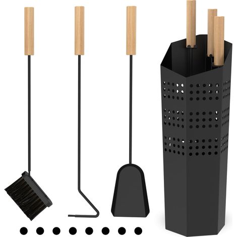 Ensemble de 4 ustensiles de cheminée moderne - Set de quincaillerie de cheminée noir avec support, pelle à cendres, tisonnier et balayette, accessoires de cheminée pour poêles à bois (1/5)