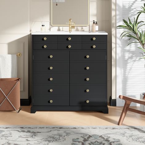 Waschbeckenunterschrank modern schwarz mit Keramikwaschbecken, MDF, Schubladen und Stauraum mit verstellbarem Einlegeboden