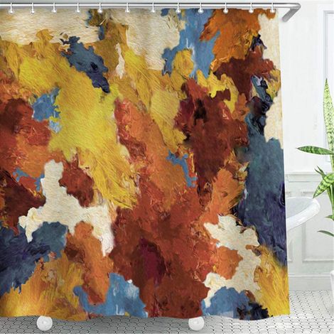 1 rideau de douche, motif abstrait peinture à l'huile, jaune marron bleu orange, 183 cm x 198 cm, œillets renforcés (1/5)