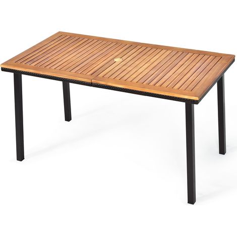 Costway – Table de jardin en bois d'acacia certifié FSC 140x75x76 cm – Trou de parasol – Cadre en métal – Pour 6-8 personnes (1/5)