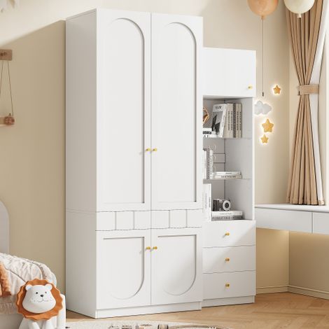 Ensemble de chambre - Armoire double porte + Vitrine - Armoire laquée + Meuble de rangement - MDF - Blanc