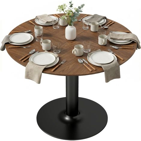 Table de salle à manger ronde pour 6 personnes, 110 cm. Table de cuisine moderne avec pied central pour salon, aspect bois brun.