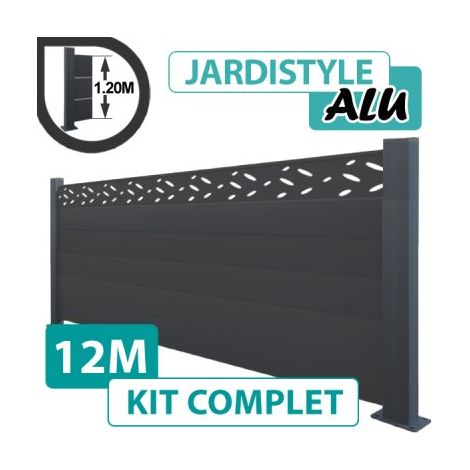 Kit Clôture Aluminium Gris Anthracite 12M - Design - Sur Platines - 1,20 mètre
