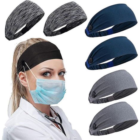 Damen-Stirnband mit Knöpfen für Gesichtsmasken und -bedeckungen, Unisex-Haarband mit elastischem Band für Krankenschwestern, Ärzte und Ohrenschutz-2Blue 2Stripe 2Gray