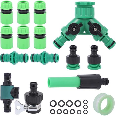 15 Pièces Kit de Raccord Tuyau d'Arrosage, Raccords Rapides avec Pistolet Jet Droit, Vanne en Y, Adaptateurs Robinet 1/2 et 3/4 Pouce pour Jardin, Arrosage et Lavage Voiture (1/5)